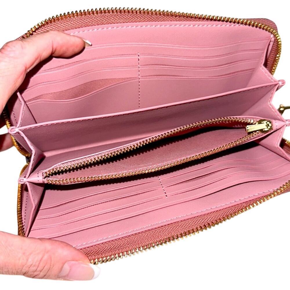 NEW Coach Long Zip Around Wallet In Signature Canvas Gold Pink Lemonade Brown - Picture 4 of 11